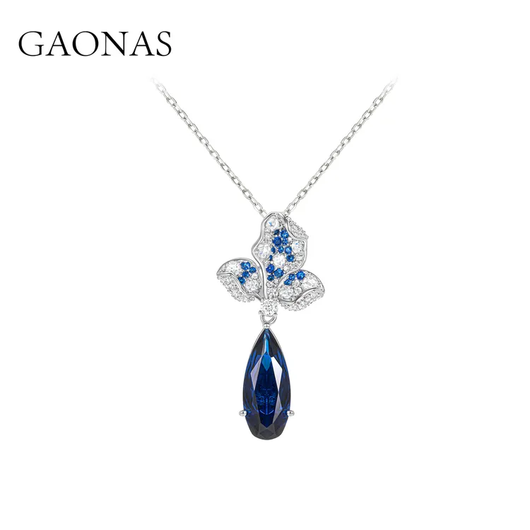 GAONAS 坠链均925银合成锆石 时尚设计蓝色花朵水滴项链 BX042666