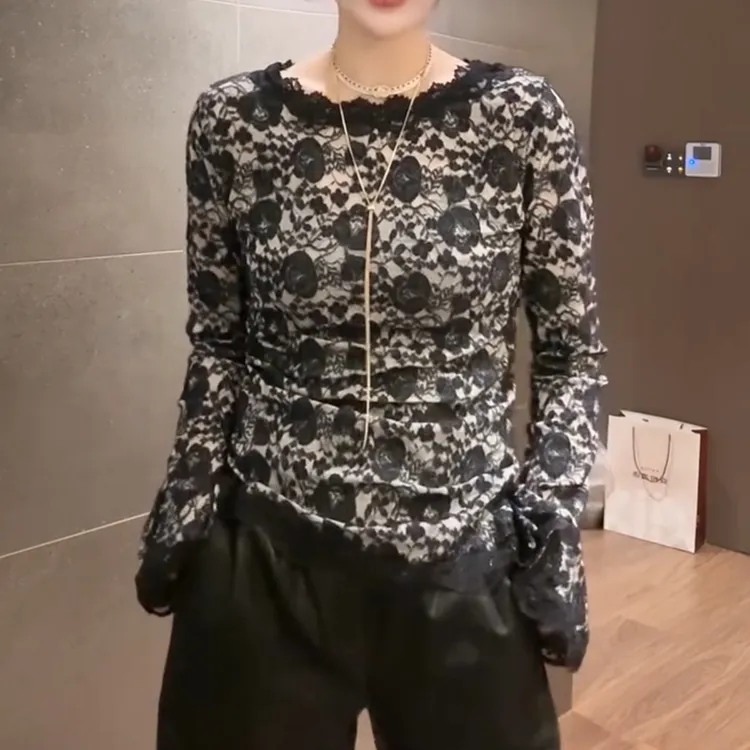 欧货新款性感蕾丝弹力显瘦打底衫上衣