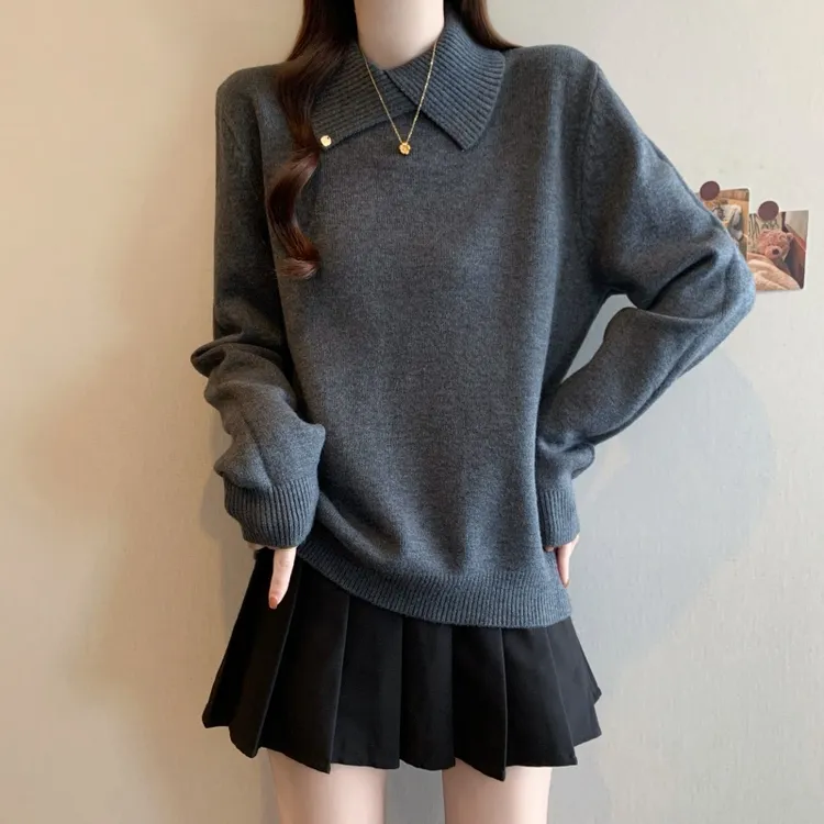 大码翻领宽松遮肚子红色毛衣女秋冬胖mm高级感灰色显瘦洋气打底衫