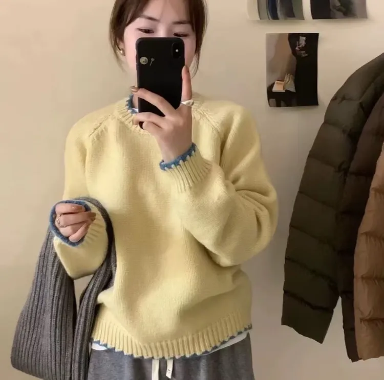 简约百搭撞色圆领套头针织毛衣宽松秋冬减龄毛针织衫