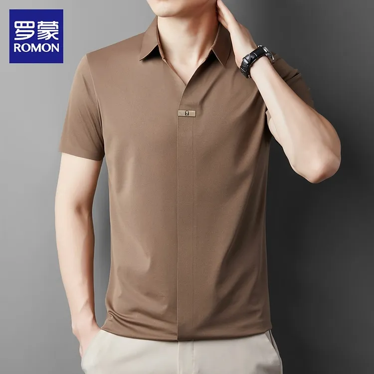 罗蒙男士短袖Polo衫夏季薄款清凉感冰丝V领潮流宽松休闲上衣
