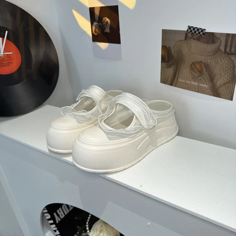 仙女风蕾丝花边包头半拖鞋女外穿2025新款厚底增高休闲懒人小白鞋