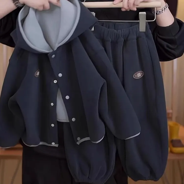 冬款加绒加厚套装2025款韩版时尚男女童中小童奥粒绒时尚套装潮