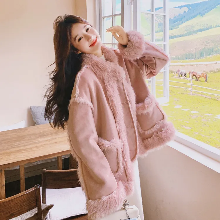 皮粉色两面穿皮毛一体外套女2025冬季巨好看的千金感加绒加厚棉服