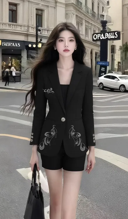 【现货】简约显瘦通勤风黑色长袖正肩系扣V领小众设计高级感外套女