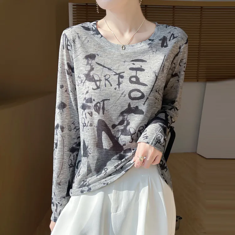 新中式新品打底衫春秋薄款超轻薄针织国风墨画宽松显瘦遮肉外穿