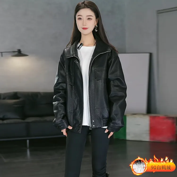 羽绒皮衣外套女复古2025冬新款立领廓形加厚保暖飞行机车皮夹克潮