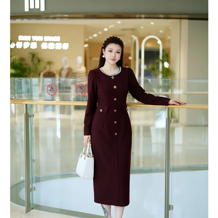 XYD71762新款小香风穿珠高端大码连衣裙长袖裙子显瘦时尚大码女装