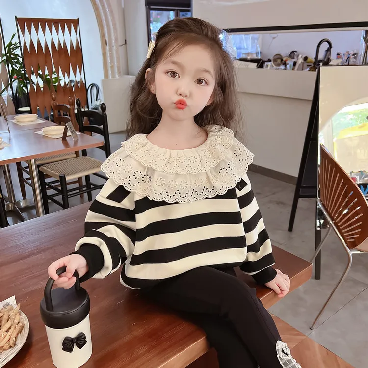 女童卫衣春秋款2025新款洋气条纹儿童秋季长袖女宝宝秋装时髦上衣