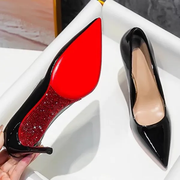 水钻红底高跟鞋女细跟春秋2025新款绝美性感婚鞋黑色尖头单鞋