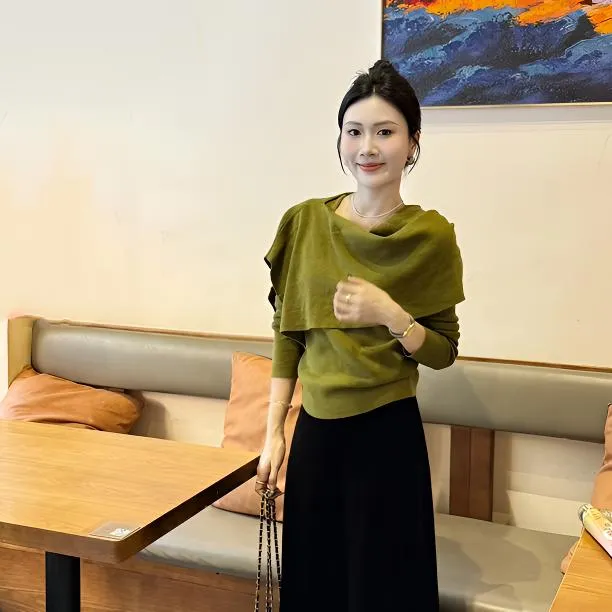 【时髦聚焦】韩系别致小众遮肉显瘦针织荡领披肩真两件套上衣