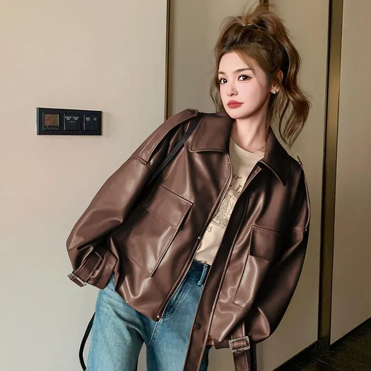 通用复古风格柔软设计感宽松版型秋季女式红黑咖色圆领直筒聚酯纤