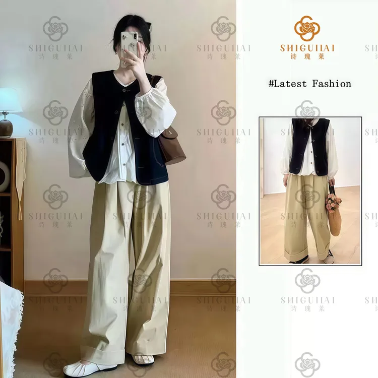 诗瑰莱新款复古清新时尚宽松衬衫马甲减龄显瘦阔腿三件套装6666