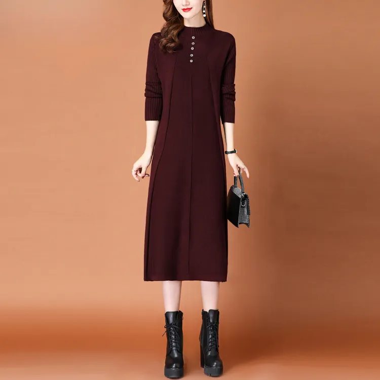 恒源祥集团彩羊秋冬女中长款2025新款洋气半高领内搭毛衣连衣裙子