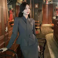【两件套】【有里布】高级灰西装女春秋兔耳朵绑带上衣百搭半裙LJ0049