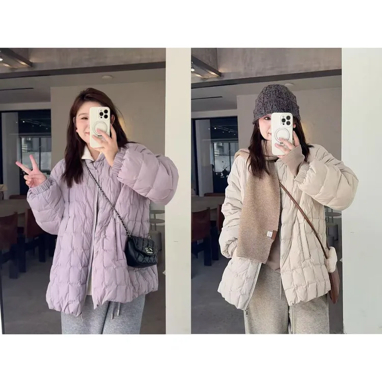 晶咕佳佳【芋泥奶砖】无领小压格金属拉链羽绒服时尚保暖休闲冬
