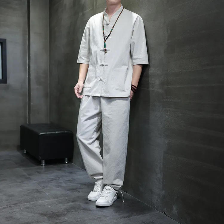 2025春夏新款中国风男装棉麻透气唐装汉服套装宽松休闲裤两件套 