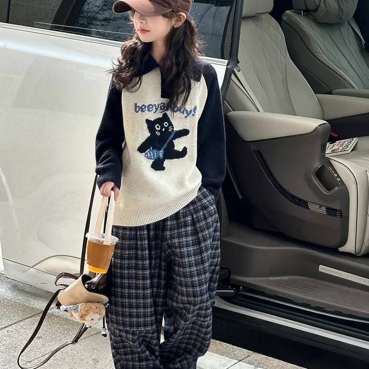 女大童毛衣加厚秋冬装上衣洋气青少年初高中生翻领毛线衣针织衫潮