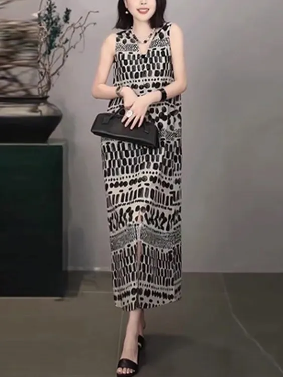 法式套头无袖吊带夏季印花连衣裙洋气宽松气质长裙