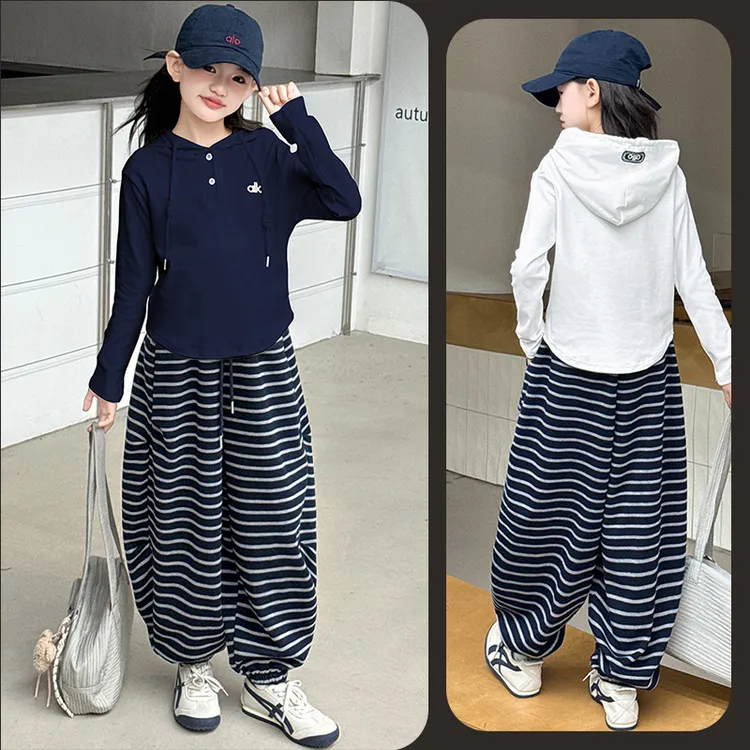 女童秋季时尚连帽打底T恤条纹阔腿裤套装6~12岁中大童宽松洋气潮
