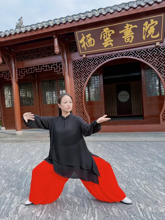 珍珠细麻春秋太极服女新款斜襟长袖双层太极拳练功服八段锦垂顺