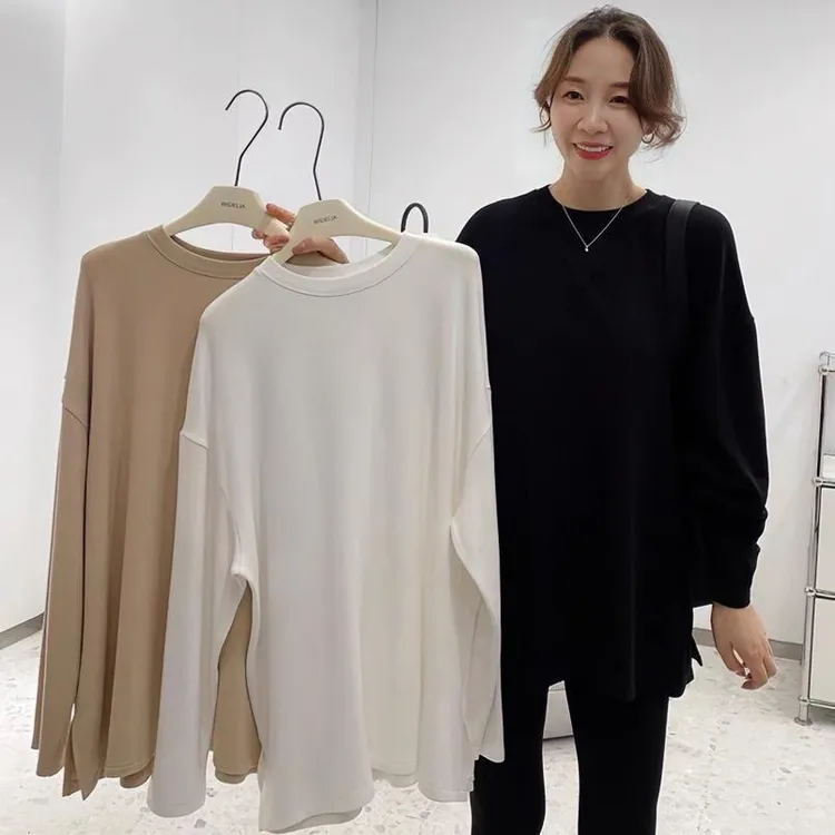 秋冬新款休闲百搭宽松净版长袖T恤加绒打底衫可外穿精致打底
