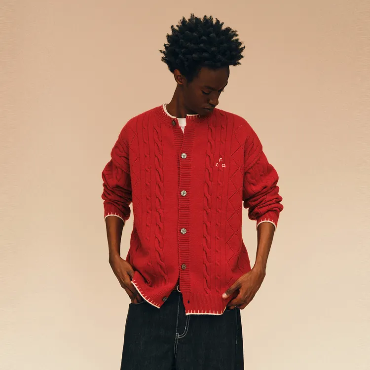 FPA绞花撞色毛衣外套男女秋冬新款宽松潮牌休闲黑色情侣针织开衫