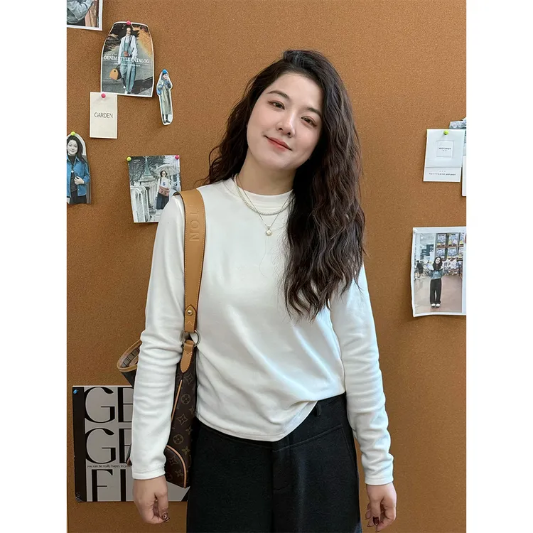 WenWen小个子2025秋冬纯色圆领保暖长袖内搭T恤4526