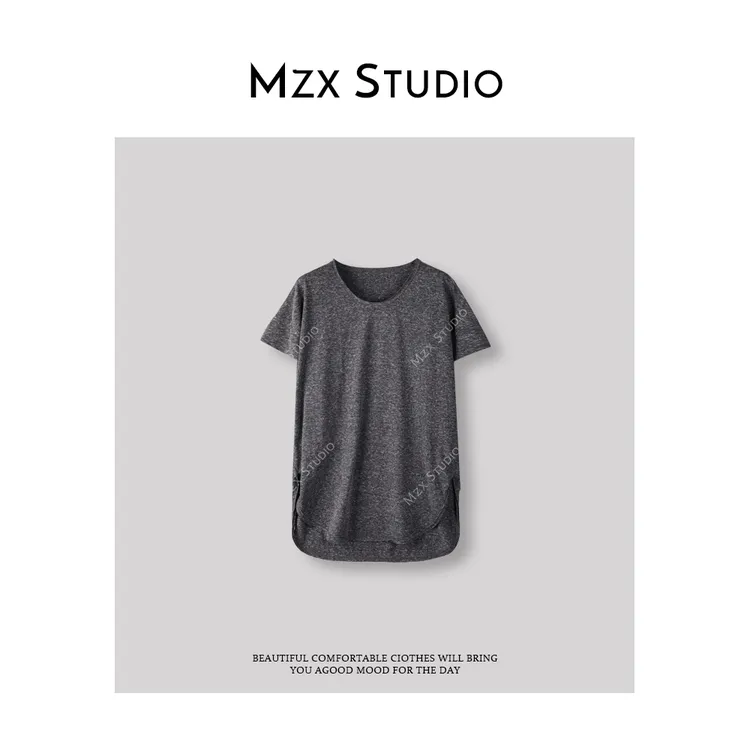 MZX 夏季毛边弧形下摆雪花纹理宽松遮肉短袖T恤SY7368-X