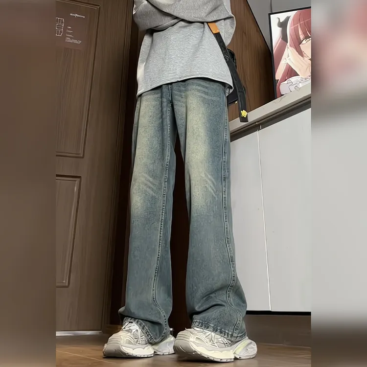 美式潮牌牛仔裤男女同款长裤春秋阔腿裤宽松直筒百搭复古男生裤子