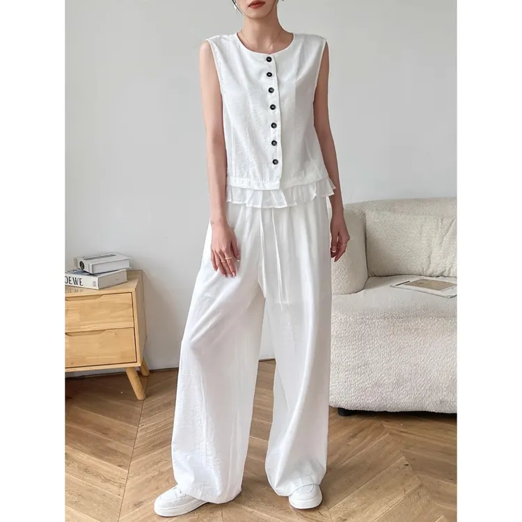 套装女夏季白色圆领假两件马甲吊带背心上衣气质阔腿长裤子两件套