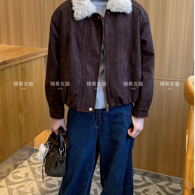 2025冬季复古休闲宽松版小个子加厚麂皮绒毛毛一体短款外套#2517