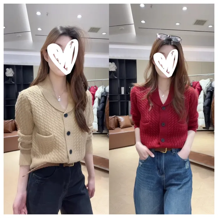 秋冬季韩版绞花翻领单排扣毛衣洋气长袖毛针织衫纯色上衣W1269