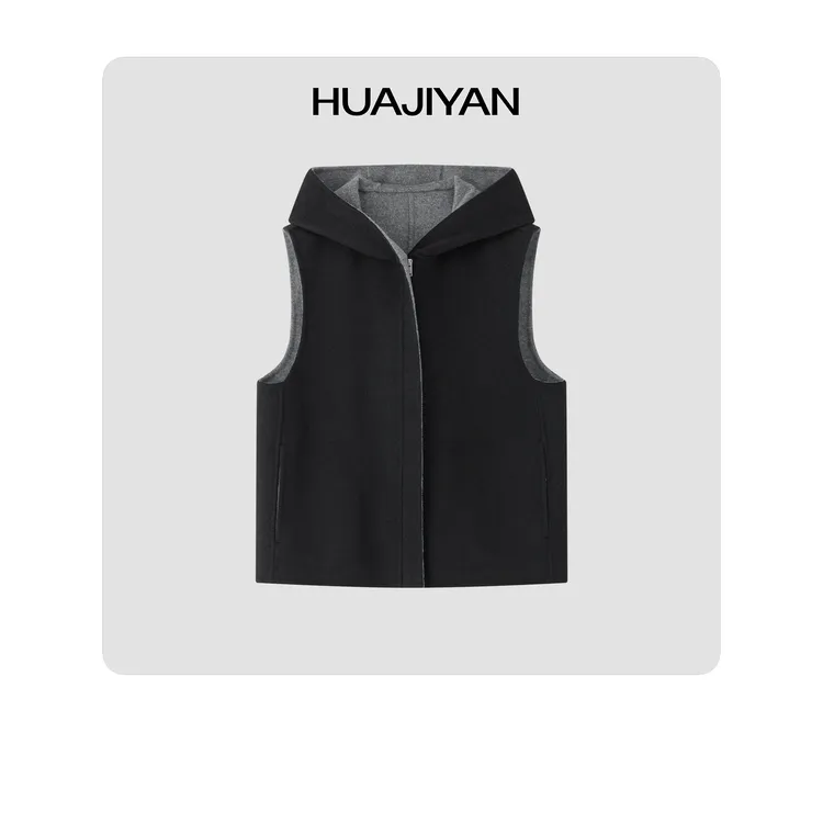 华吉言/HUAJIYAN【无人区】羊毛混纺双色双面尼连帽马甲上衣