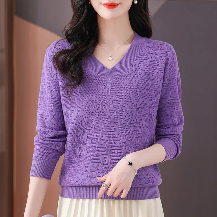 时尚提花V领长袖针织衫女2025年新款春秋洋气百搭上衣气质妈妈装