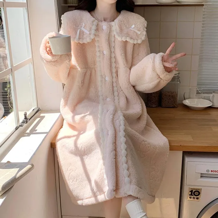 甜美可爱娃娃领珊瑚绒睡裙睡衣家居服秋冬加厚开衫法兰绒睡袍浴袍