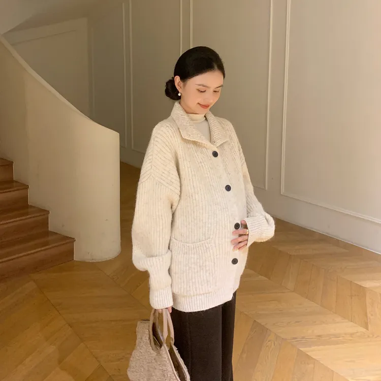 ZMA孕妇装【口袋毛衣开衫套装】复古风新款翻领羊毛毛衣加绒微喇裤