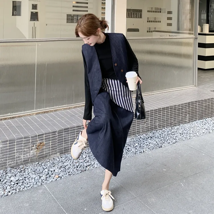 韩系chic一整套牛仔穿搭女2025秋新款小个子披肩马甲半身裙两件套