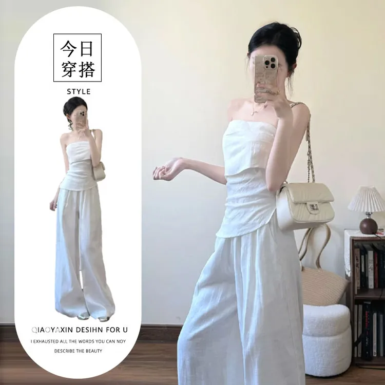 2025超火穿搭一整套韩系小众不规则折后抹胸上衣高腰阔腿裤两件套