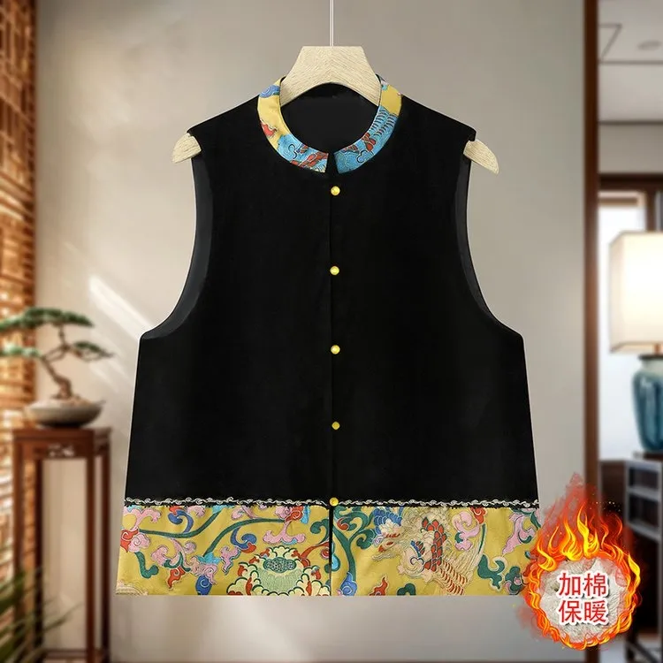 国风秋冬马夹高档品质丝绒拼接加棉马甲新中式立领提花复古女马夹