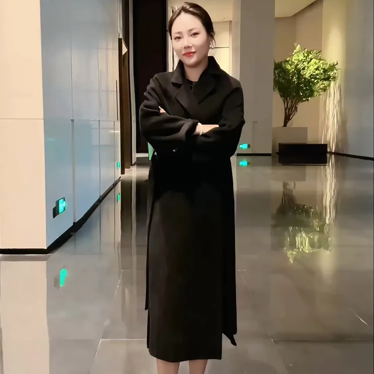 黑色毛呢中长款系带收腰大衣女高级感气质外套千金风羊毛呢子外套