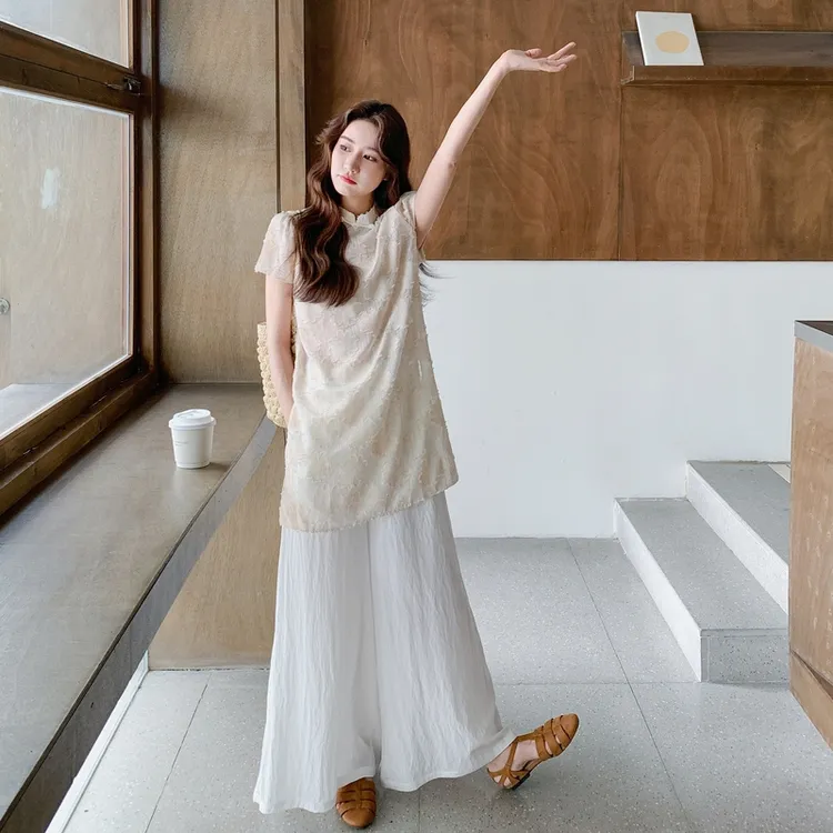 时尚套装夏装外穿显瘦宽松夏季垂感百褶中长款白色高腰休闲百搭