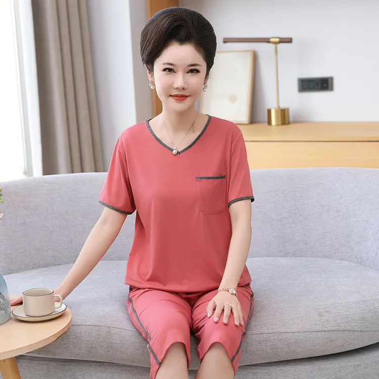 带胸垫短袖七分裤睡衣女士莫代尔夏季中老年妈妈薄款套头家居服