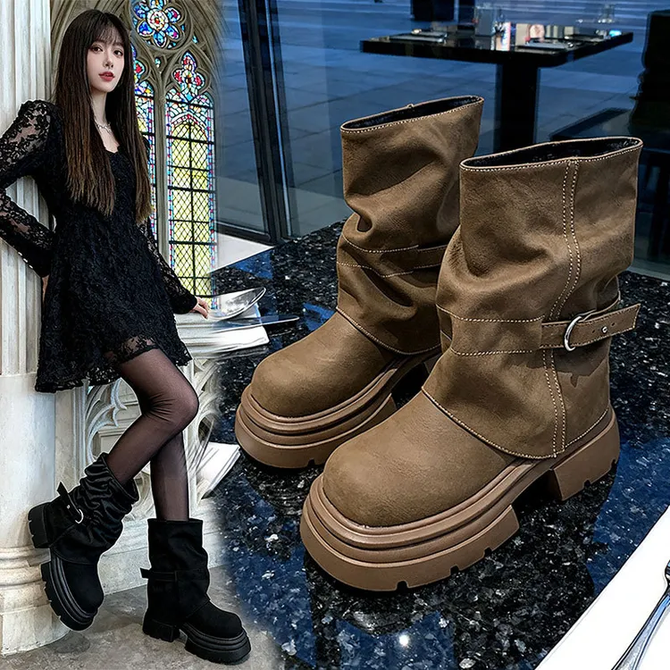 【万达撤柜】厚底短靴子女2025年秋季新款英伦风马丁靴棕色美拉德堆