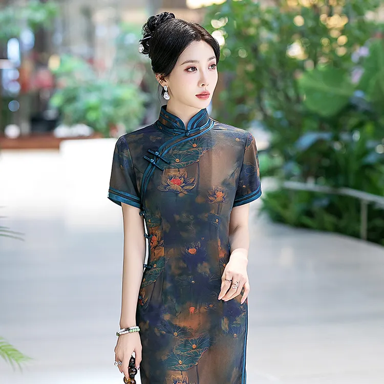 新中式旗袍日常可穿2025夏季长款素雅国风礼服高端老上海改良裙子