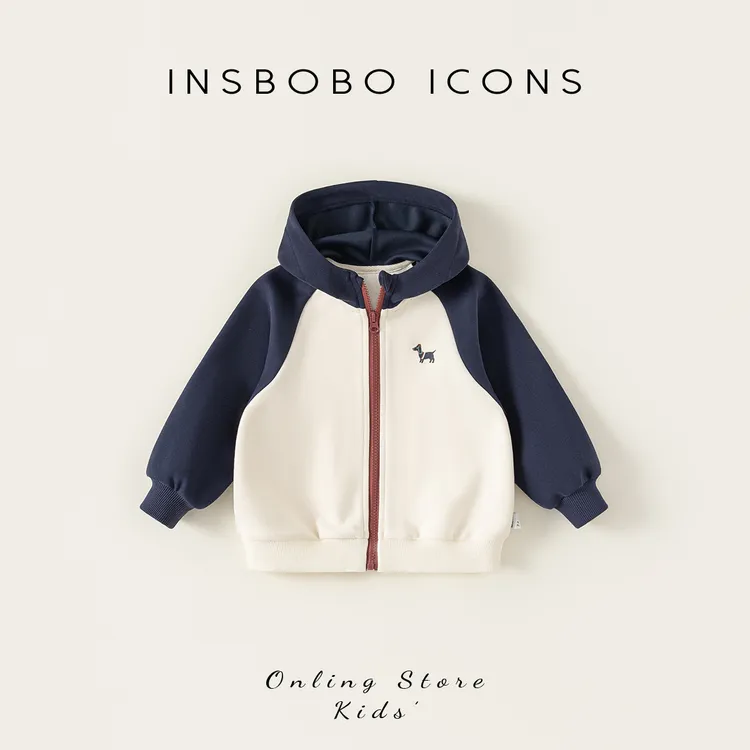 INSbobo儿童长袖卫衣外套休闲洋气连帽撞色卡通印花外套潮QY85171