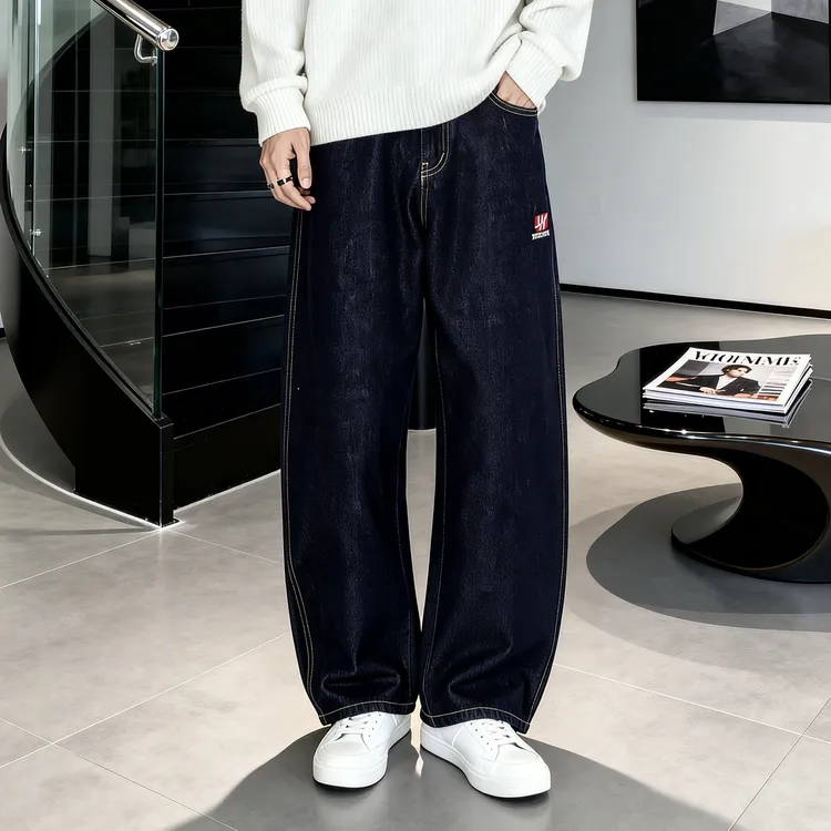 秋冬款加厚美式复古男士弯刀牛仔裤拼接卷边宽松休闲百搭阔腿裤男