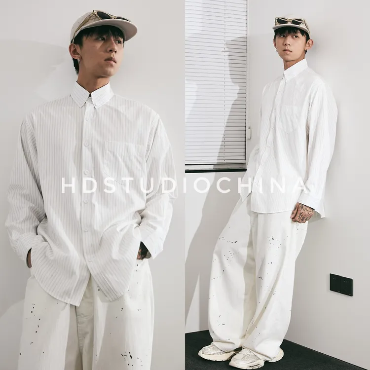 HDCHINA[冷银白]白条纹免烫抗皱衬衫百搭宽松廓形老钱巴家衬衫男