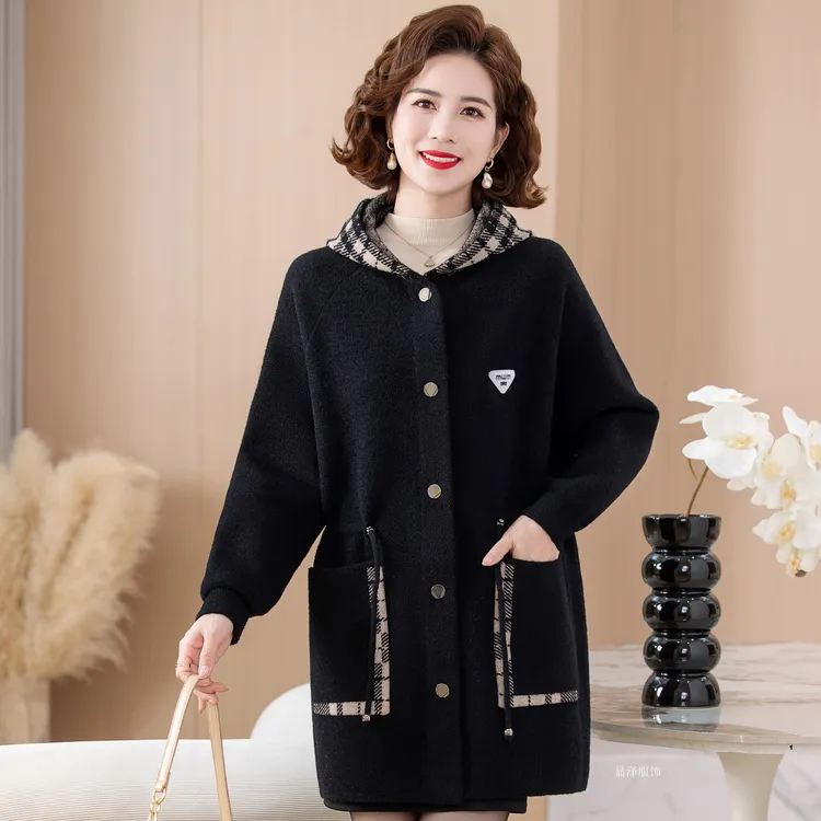 恒源祥彩羊妈妈秋冬装连帽双面羊毛呢外套中年女士中长款显瘦大衣