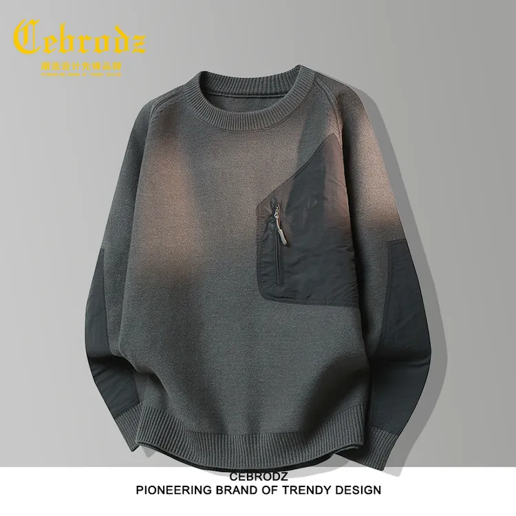 法国Cebrodz冬季新款拼接圆领毛衣男潮流针织打底衫时尚休闲加厚